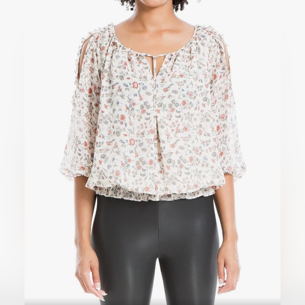 MAX STUDIO Women's Floral Design Cold Shoulder Elbow Sleeve Blouse size XS